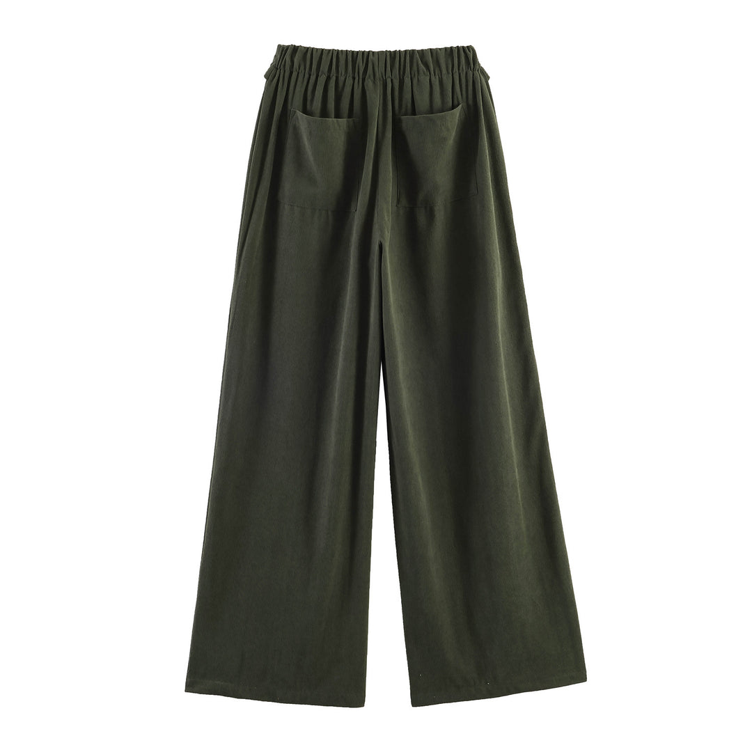 Women Wide Highwaist Pants with Turned-Up Waistband and Cord Look Mune Fashion