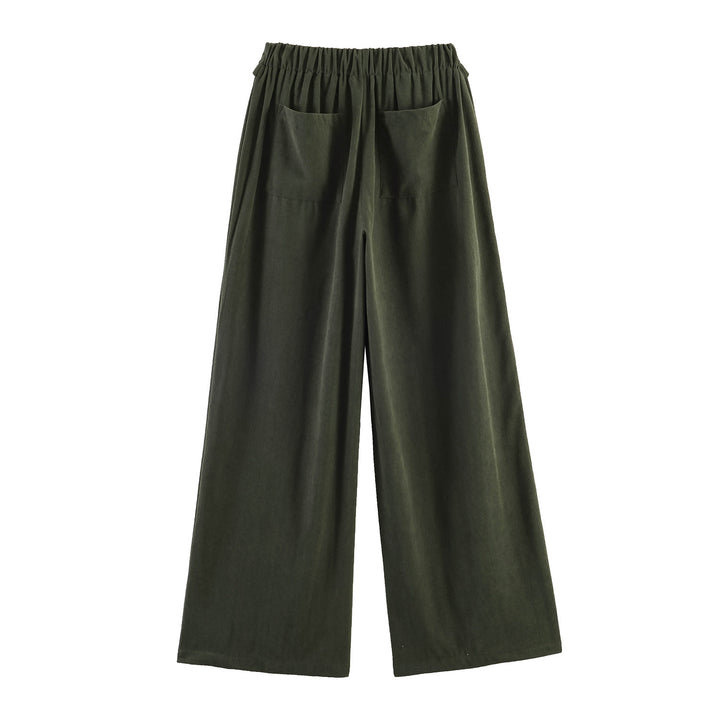 Women Wide Highwaist Pants with Turned-Up Waistband and Cord Look Mune Fashion