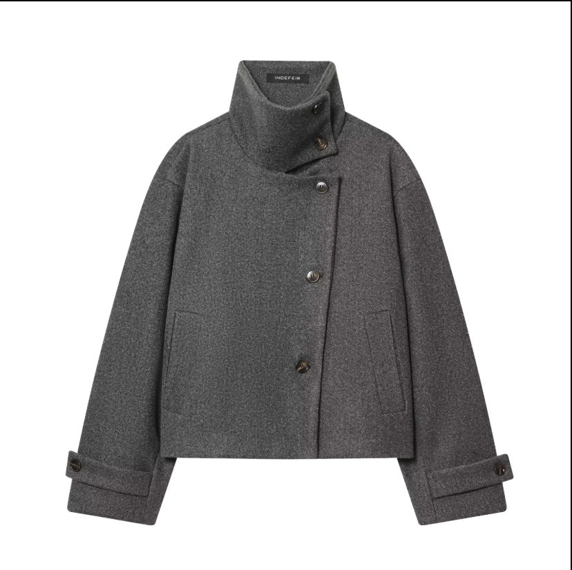 Women's Cropped Wool Blend Short Jacket with High Stand Collar, Asymmetric Button Placket and Cuffed Sleeves Mune Fashion