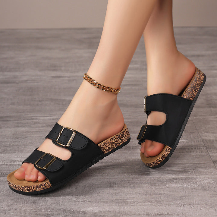 Women's ergonomic cork footbed sandals with double straps and adjustable metal buckles Mune Fashion
