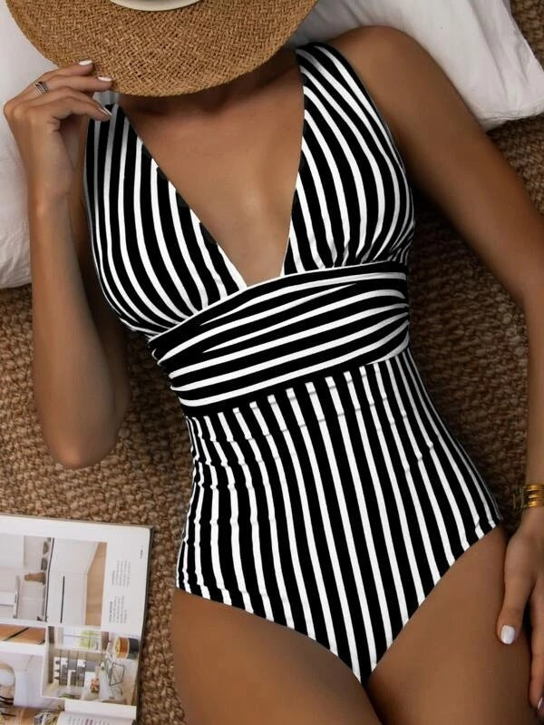 Women's swimsuit with deep V-neck and striped pattern Mune Fashion
