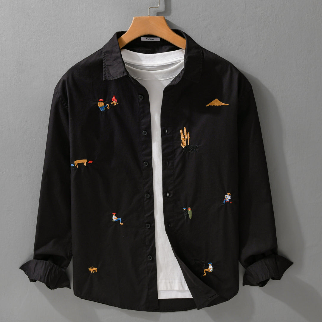 Men's Cotton Kent Collar Shirt with Fine Mini Embroideries in Relaxed Fit Mune Fashion