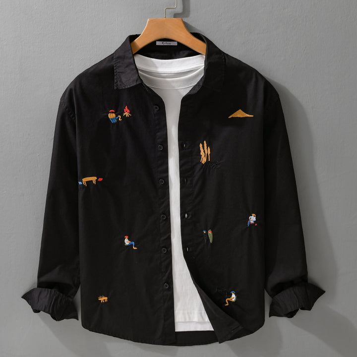 Men's Cotton Kent Collar Shirt with Fine Mini Embroideries in Relaxed Fit Mune Fashion