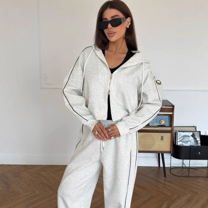Women's Casual Two-Piece Lounge Set with Oversized Zip Jacket and Wide Drawstring Pants Waist Mune Fashion