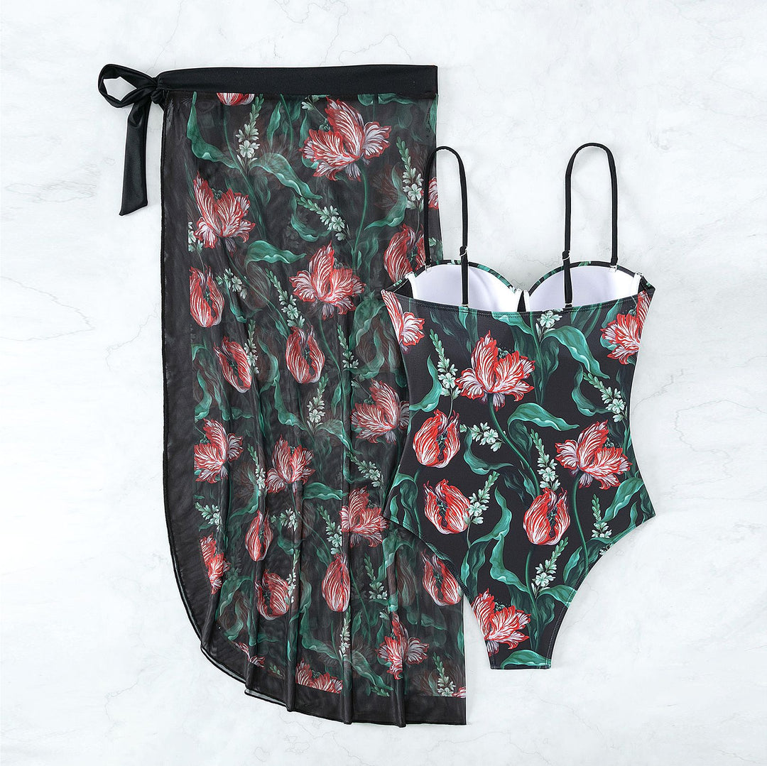 Women's swimwear with floral pattern and transparent sarong cover Mune Fashion