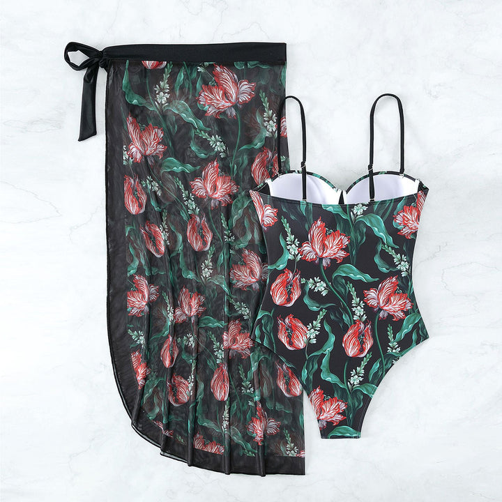 Women's swimwear with floral pattern and transparent sarong cover Mune Fashion