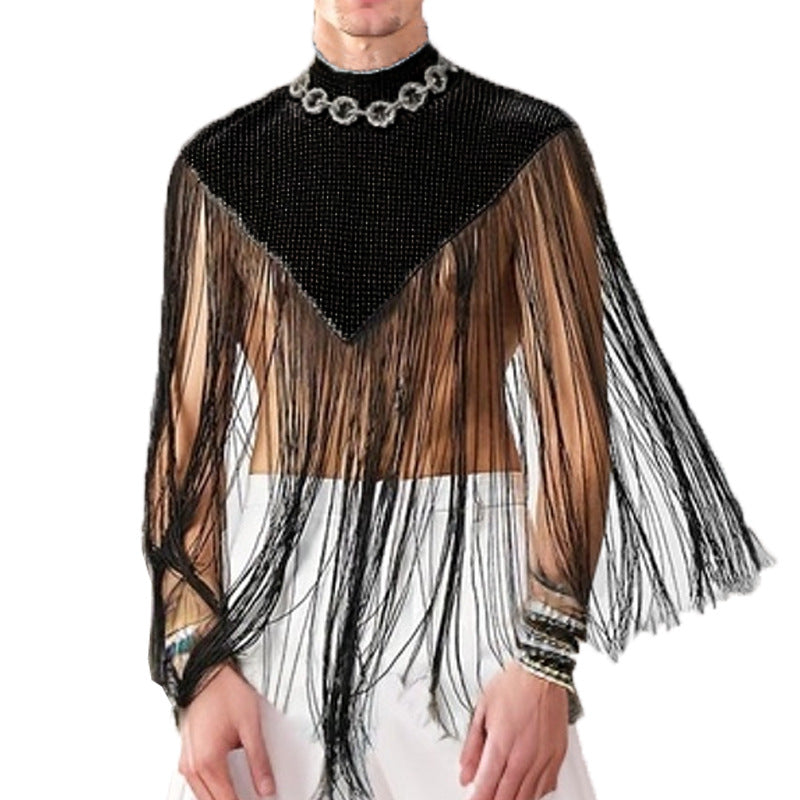 Ladies long fringed cape with turtleneck and V-shaped insert Mune Fashion