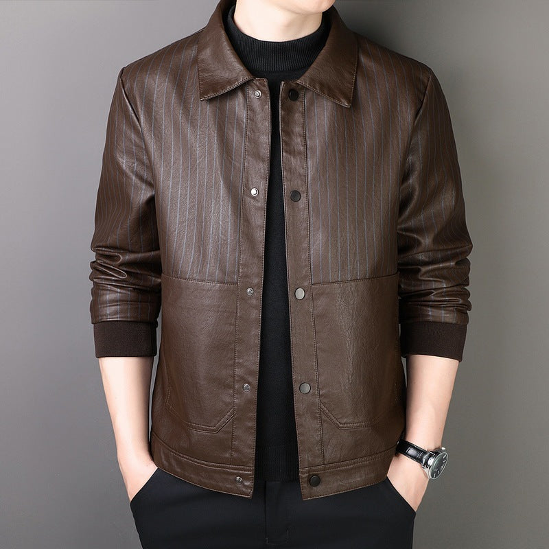 Men's Pinstripe Faux Leather Trucker Jacket with Snap Front and Ribbed Cuffs Mune Fashion