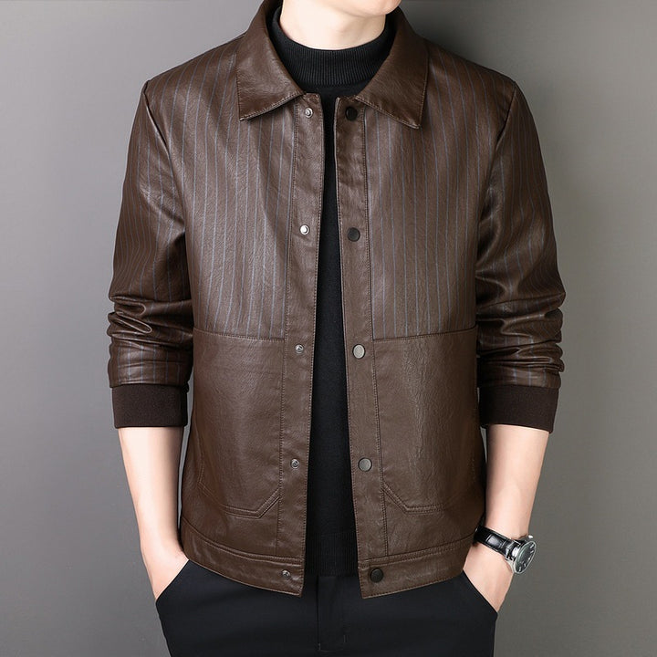 Men's Pinstripe Faux Leather Trucker Jacket with Snap Front and Ribbed Cuffs Mune Fashion