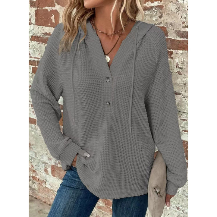 Women Waffle Knit Hoodie with Henley Button Placket and Oversized Cut Mune Fashion