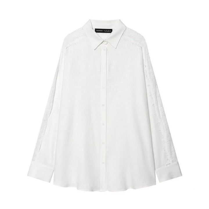 Women's Oversized Linen Blouse with Lace Inserts on Sleeves and Concealed Button Placket Mune Fashion