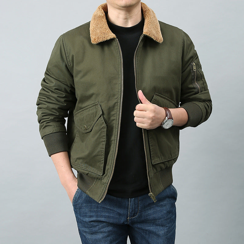 Men's Short Cut Bomber Jacket in Pilot Style with Teddy Collar, Utility Pockets and Ribbed Cuffs Mune Fashion
