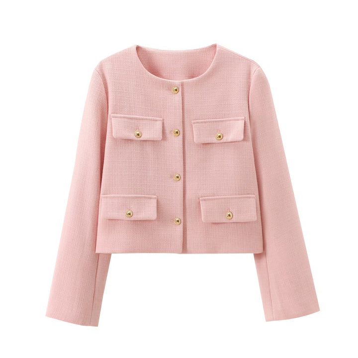 Women's short-cut Bouclé tweed jacket with round neckline decorative button details and attached flap pockets Mune Fashion