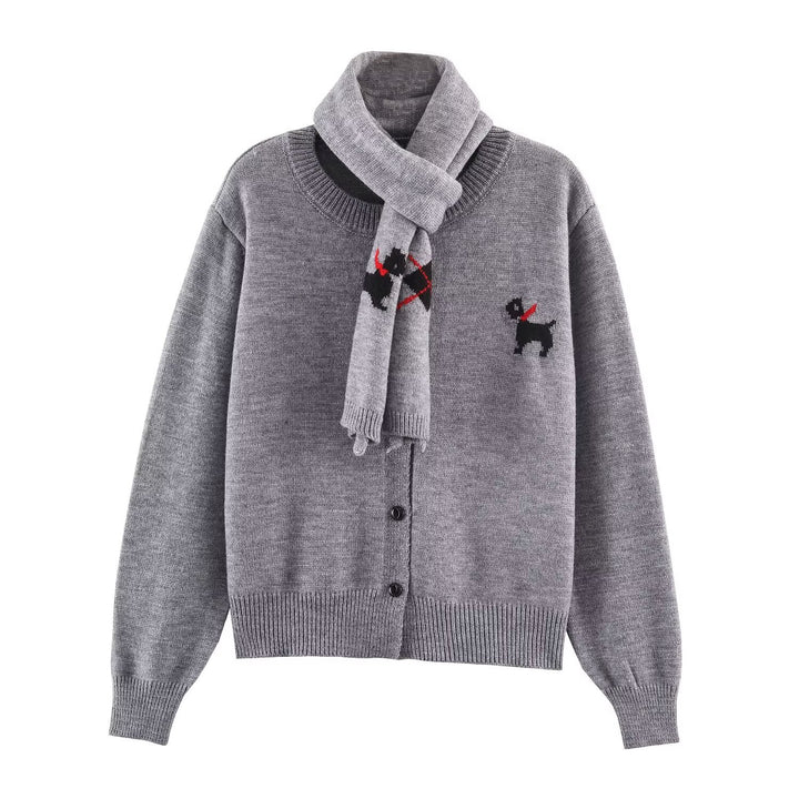 Women's Knitted Short Jacket with Integrated Scarf and Dog Intarsia Mune Fashion