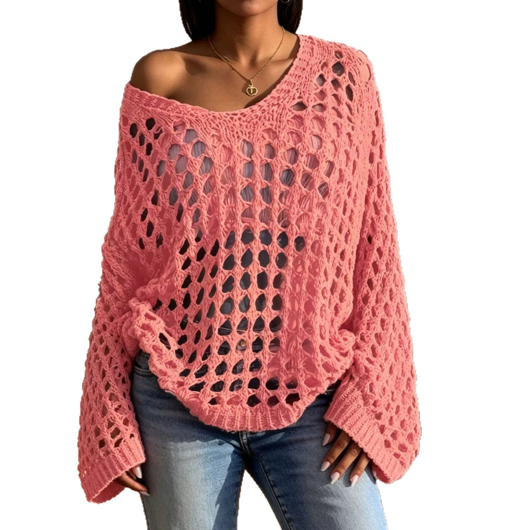 Women Loose Crocheted Oversize Lacy Sweater with V-Neck Mune Fashion