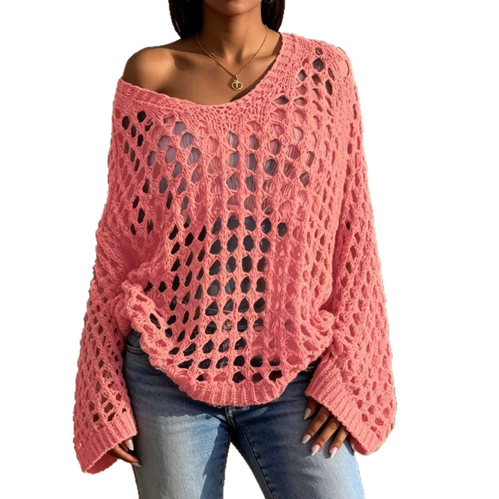Women Loose Crocheted Oversize Lacy Sweater with V-Neck Mune Fashion