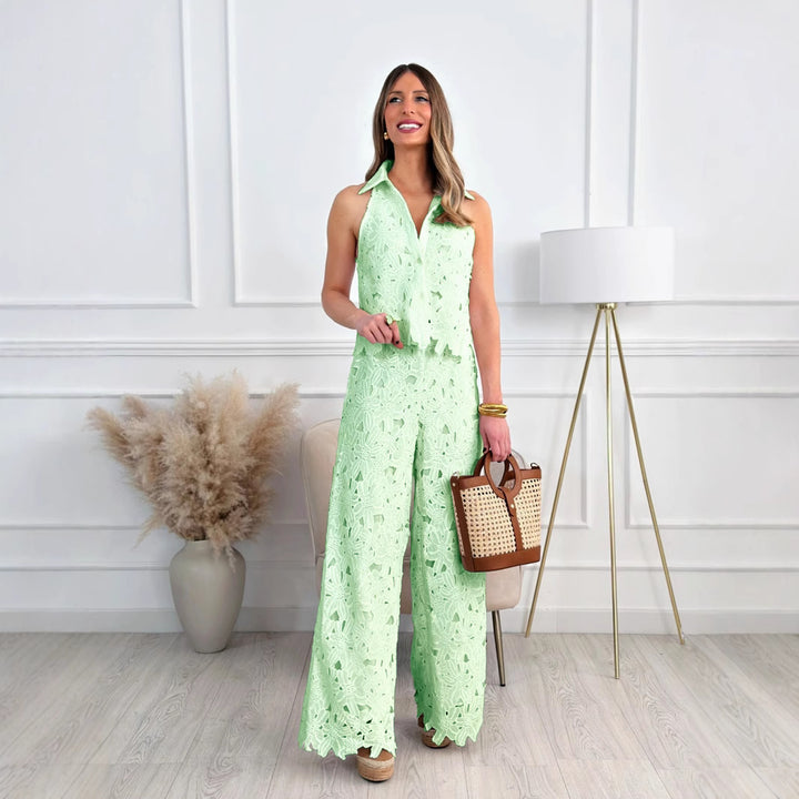 Ladies' airy lace two-piece with shirt collar and wide leg Mune Fashion