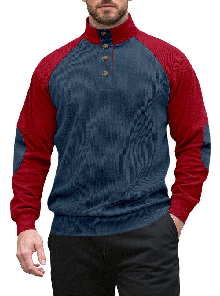 Men's two-tone ribbed troyer with asymmetrical button placket and velour elbow patches Mune Fashion