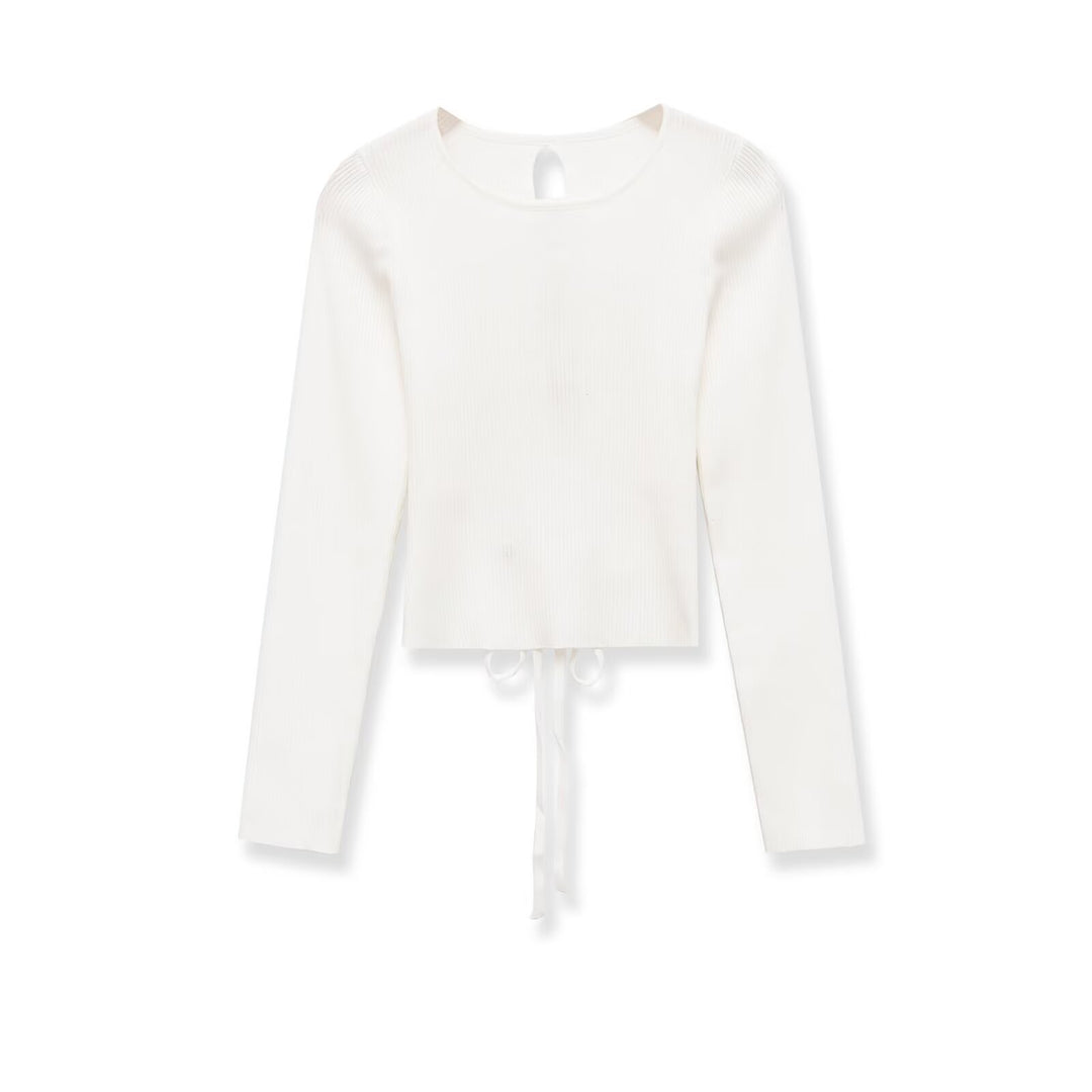 Women Ribbed Long Sleeve Sweater Short Cut with Back Lacing Mune Fashion
