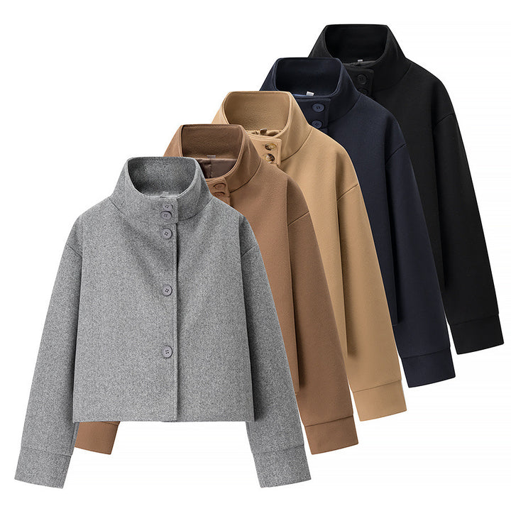Women nan cropped wool blend jacket with high stand-up collar, boxy fit and concealed button placket Mune Fashion