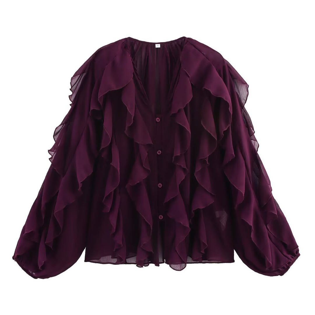 Ladies Ruffle Chiffon Blouse with V-Neck, Button Placket and Balloon Sleeves Mune Fashion