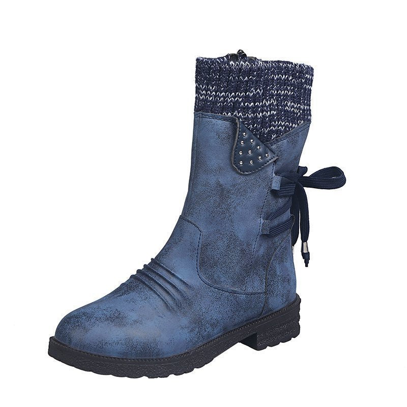Women's Mid-Cut Boots with Knit Cuff, Decorative Cord and Velour Look Mune Fashion