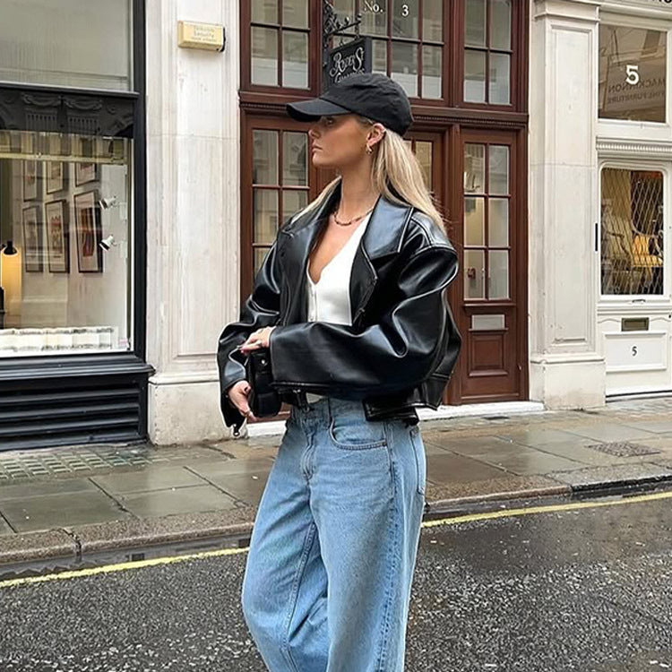 Women's Cropped Boxy Biker Jacket made of Faux Leather with Distinctive Shoulder Area and Boxy Silhouette Mune Fashion