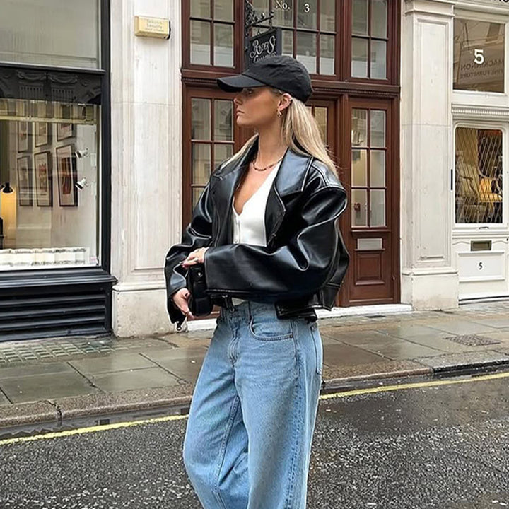 Women's Cropped Boxy Biker Jacket made of Faux Leather with Distinctive Shoulder Area and Boxy Silhouette Mune Fashion