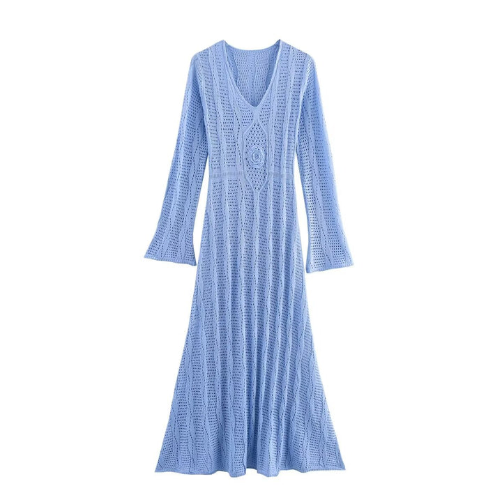 Women crocheted maxi dress with V-neck, fitted mid-section look and flared trumpet sleeves Mune Fashion