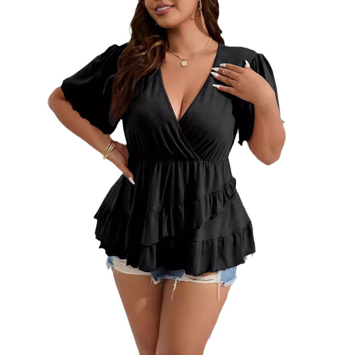 Women's wrap shirt with V-neck, gathered waist and layered ruffles Mune Fashion