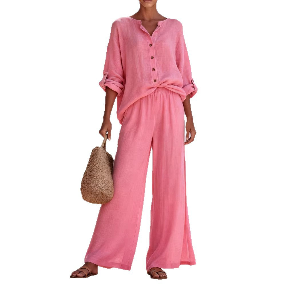 Women's Airy Linen Blouse and Wide Pants Mune Fashion