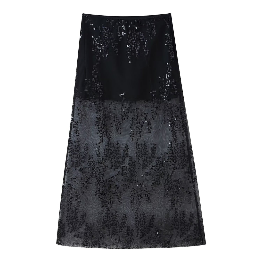 Women's Long Tulle Skirt with Sequin Trim and Opaque Lining Mune Fashion