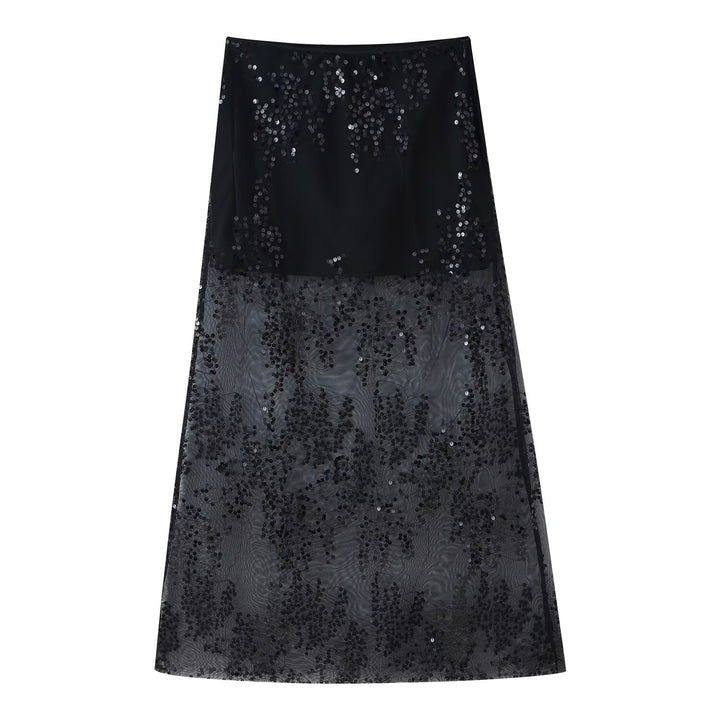 Women's Long Tulle Skirt with Sequin Trim and Opaque Lining Mune Fashion