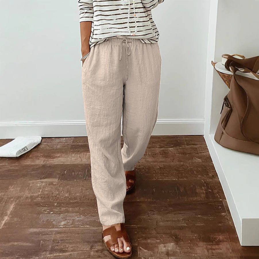 Women's lightweight linen look pants with elastic drawstring, front pockets and wide leg Mune Fashion