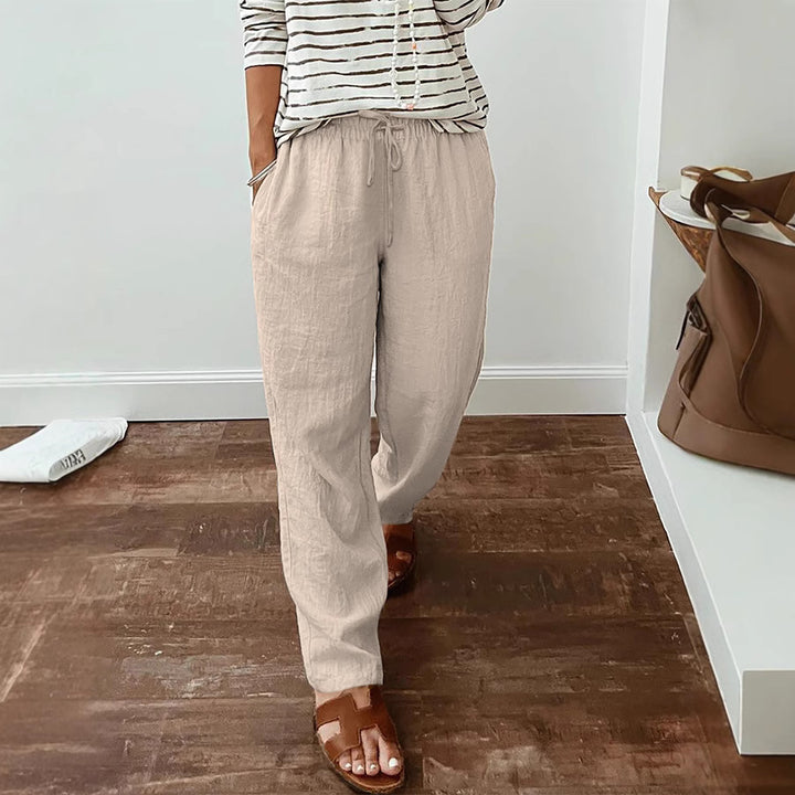 Women's lightweight linen look pants with elastic drawstring, front pockets and wide leg Mune Fashion