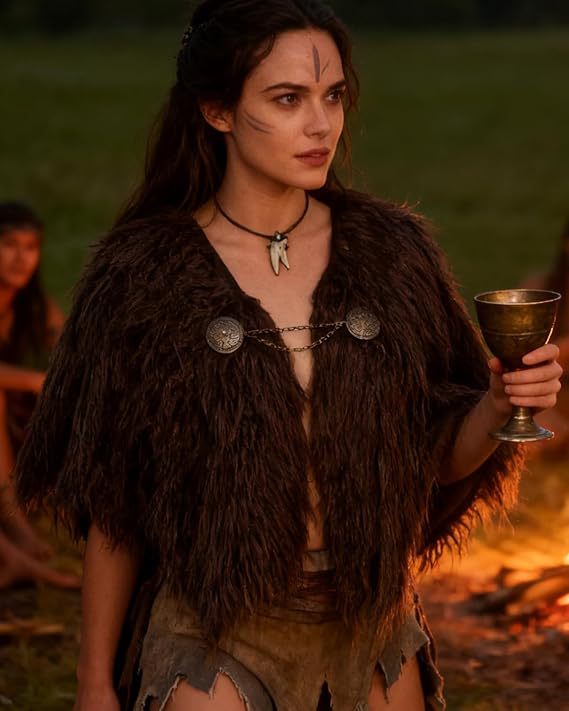 Ladies Viking-inspired Faux-Fur Cape with rustic fringe look and shoulder drape Mune Fashion