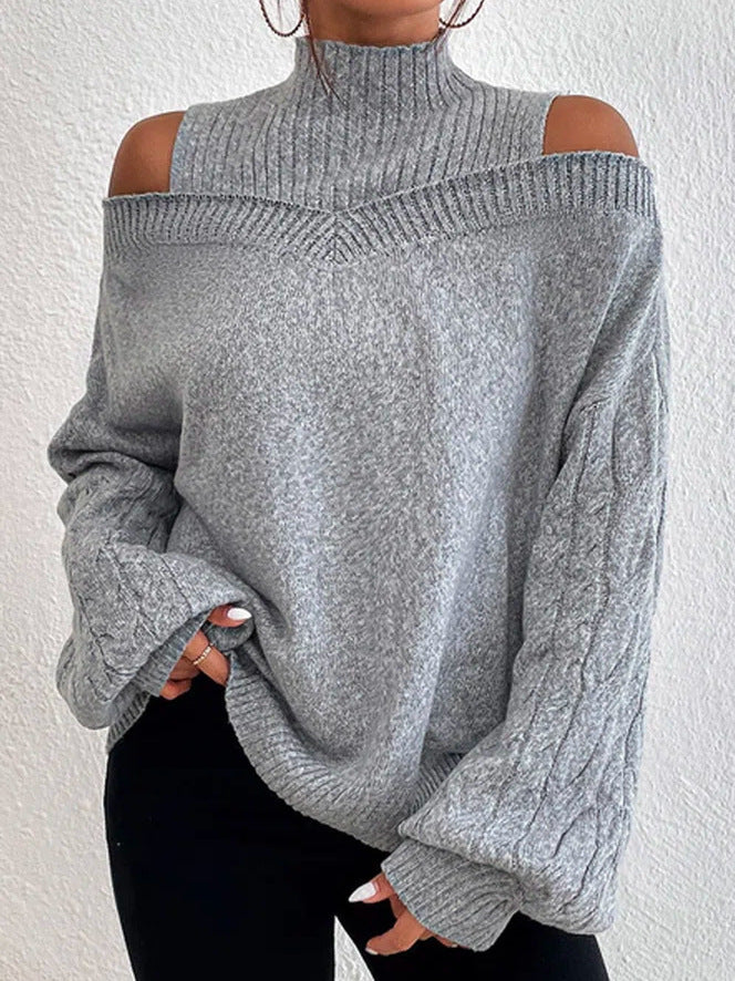 Women's off-the-shoulder knitted pullover with stand-up collar and cable-knit sleeves Mune Fashion