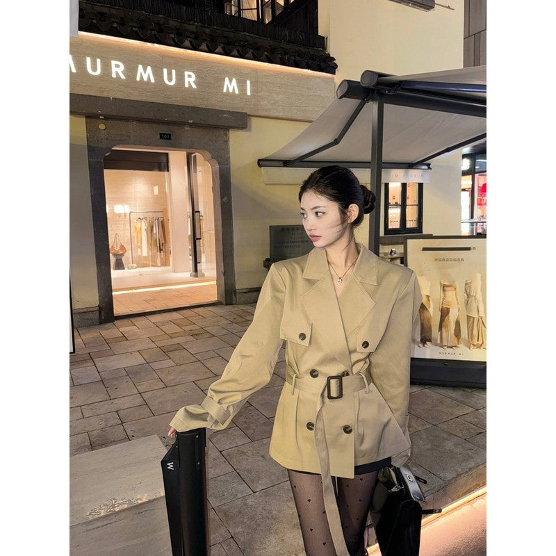 Women's Short Fitted Trench Coat Blazer with Double-Breasted and Waist Belt Mune Fashion