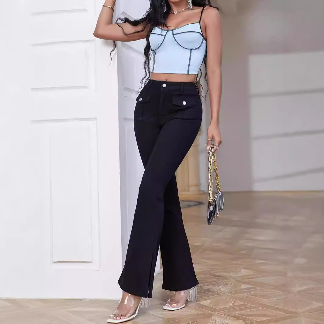 Women High-Waist Flared Trousers made of Stretch Denim with Pocket Flaps and Front Slit Mune Fashion