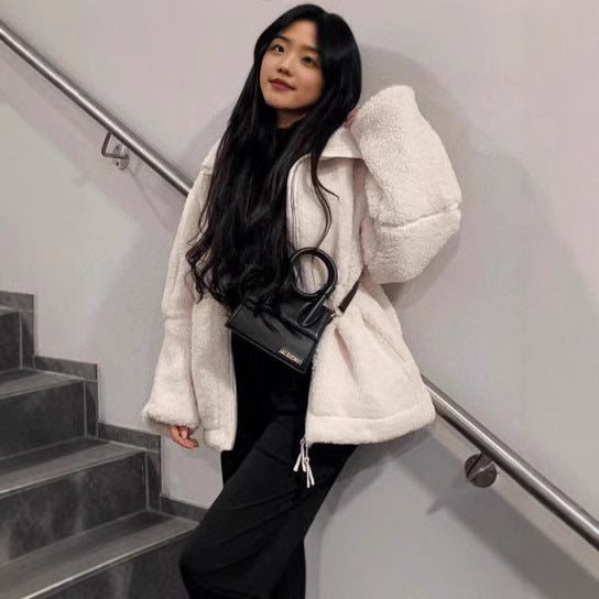 Women Wide Cut Teddy Fleece Jacket with High Standing Collar Mune Fashion