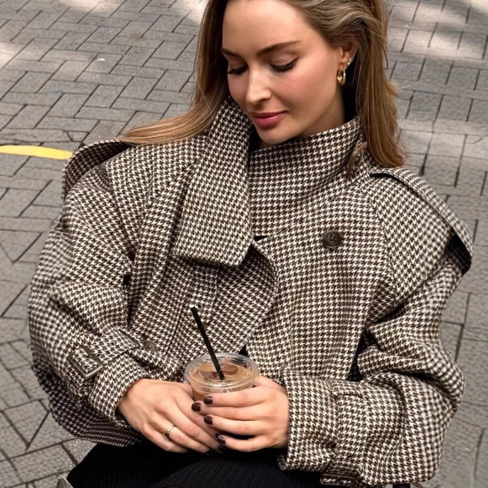 Women Oversize Trench Coat with Houndstooth Pattern, High Stand Collar and Shoulder Epaulettes Mune Fashion