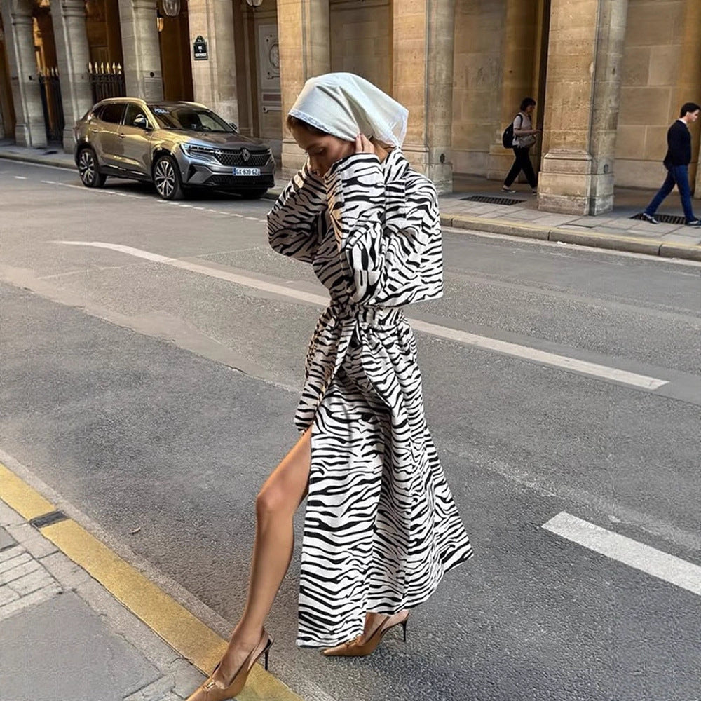 Women's Maxilength Trench Coat in Animal Print with Voluminous Shawl Collar, Tied Belt and Boxy Silhouette Mune Fashion