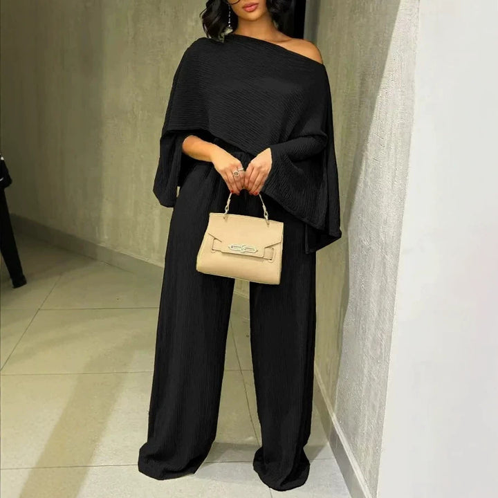 Women's Two-Piece Textured Loungewear Set with Cropped Cape Top and Maxi Skirt with Side Slit Drune