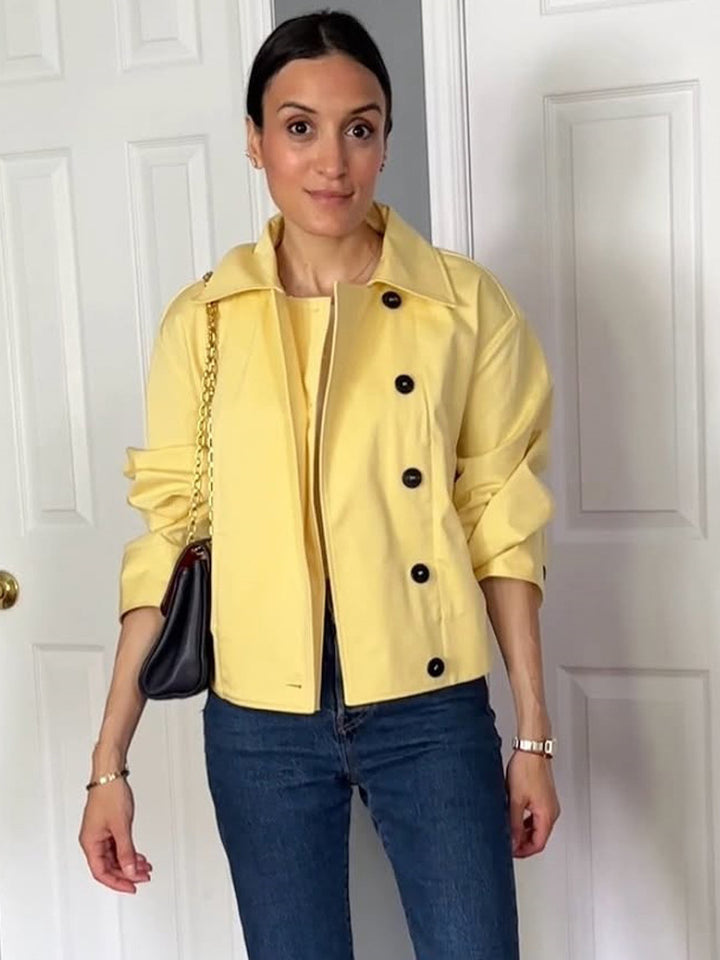 Women's Short Boxy Jacket with Lapel Collar, Contrast Button Detail and Three-Quarter Sleeves Mune Fashion