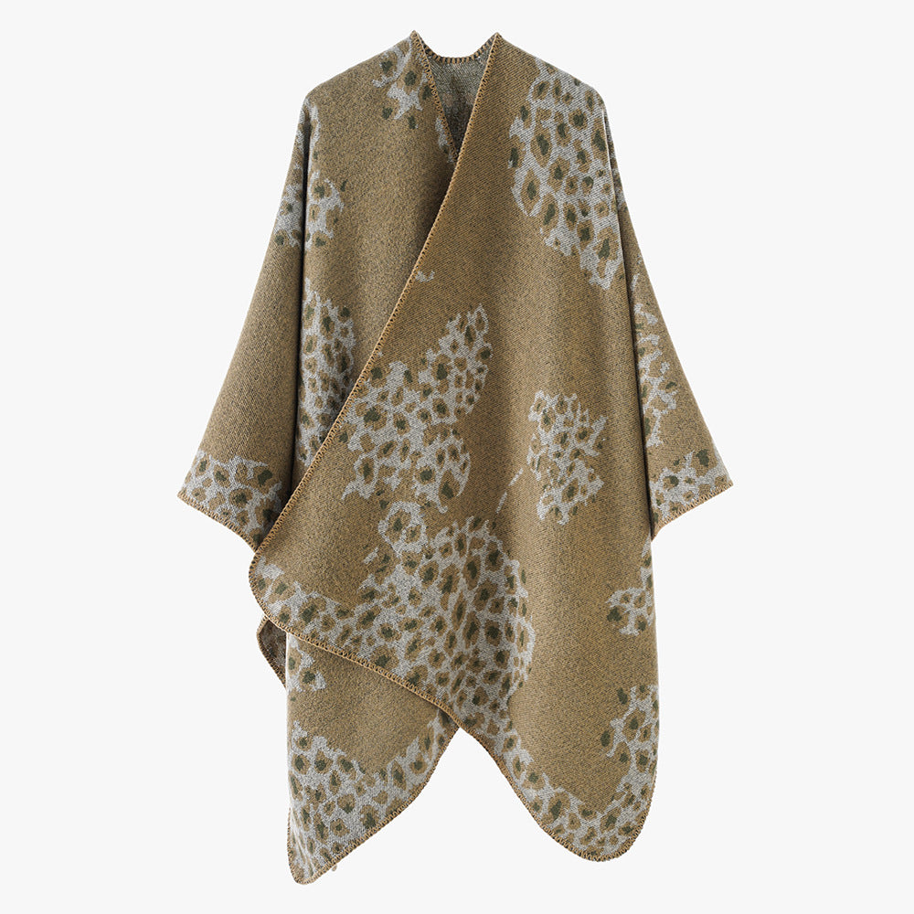 Women's wool look throw with woven leopard jacquard and open pointed edge Mune Fashion