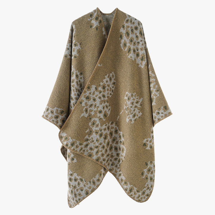 Women's wool look throw with woven leopard jacquard and open pointed edge Mune Fashion