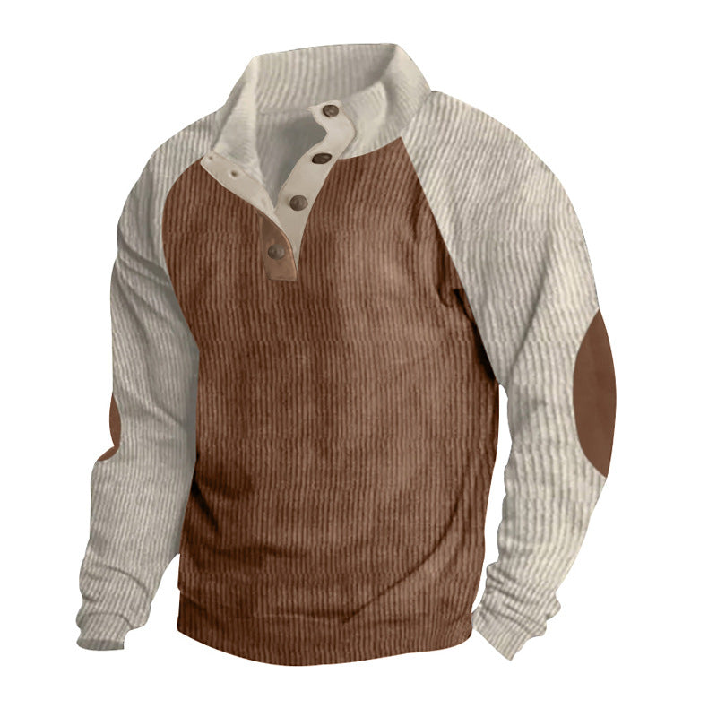 Men's thermal cord pullover with button placket, stand collar, raglan sleeves, and elbow patches Mune Fashion