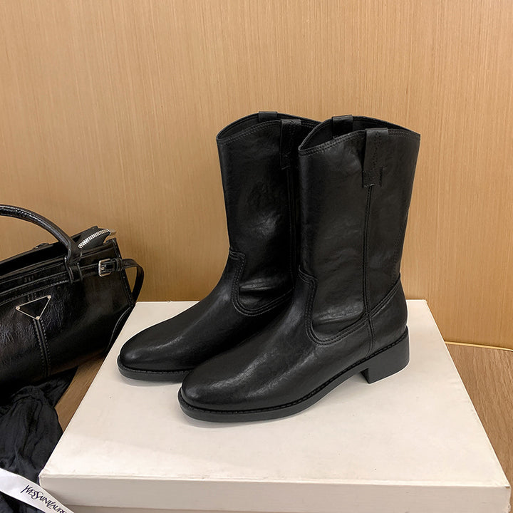 Women's Mid-Calf Western Boots made of Smooth Leather with Low Block Heel Mune Fashion
