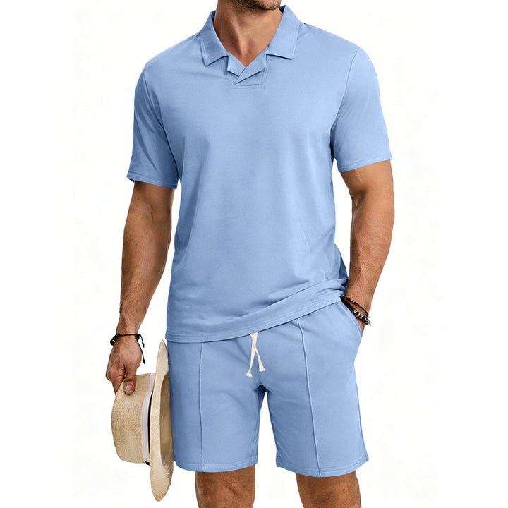Men's short-sleeved polo lounge set with V-insert at the collar and drawstring bermuda Mune Fashion