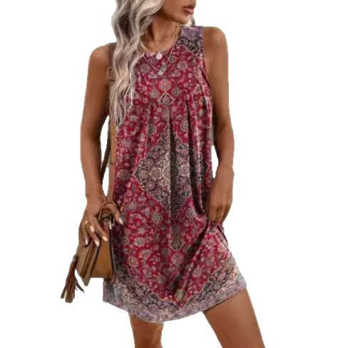 Women sleeveless swing mini dress in tunic style with central knife pleat and ornamental medallion pattern Mune Fashion